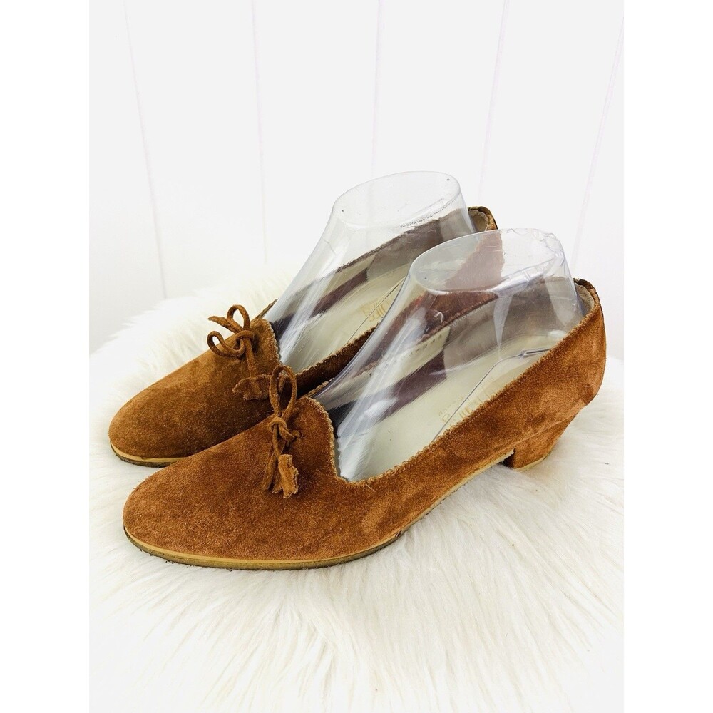 Footflairs Vintage Brown Suede Low Heel Loafers Made in Greece Block Heels 9AA